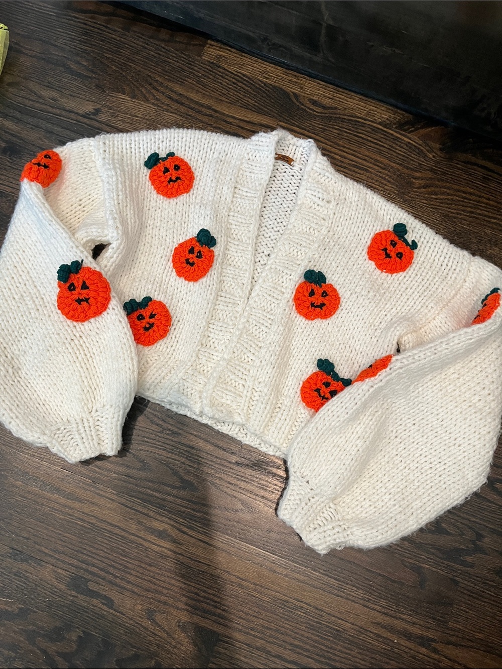 Dna Pumpkin Cardigan Cream Cropped Cardigan with Orange Pumpkin Motifs
